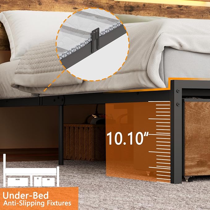 Forestell Full Size Bed Frame with Wood Headboard,2 Storage Drawers & Shelf | Built-in Charging Station & LED Lights, Metal Support, No Box Spring Needed, noise-free, easy assembly, Smart RGB, USB+Type-C