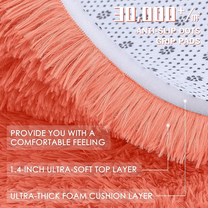 OLANLY 3x5 Machine Washable Small Bedside Rug, Soft Fluffy Shaggy Rugs for Living Room, Bedroom, Indoor Floor Carpet for Kids Girls and Boys, Preppy Dorms, Nursery, Home Decor Aesthetic, Coral Red