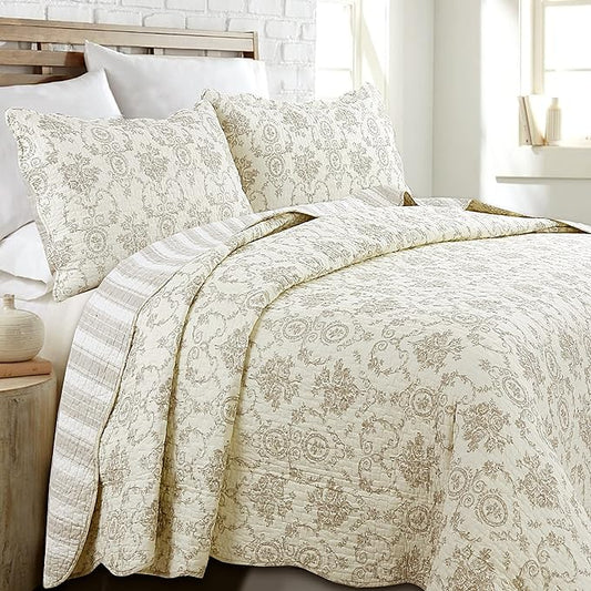 Cozy Line Home Fashions French Medallion 100% Cotton Bedding Quilt Set, Beige Ivory Rose Flower Reversible Coverlet Bedspread (Cream Eggnog, Queen -3 piece)