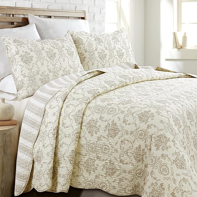 Cozy Line Home Fashions French Medallion 100% Cotton Bedding Quilt Set, Beige Ivory Rose Flower Reversible Coverlet Bedspread (Cream Eggnog, King - 3 piece)