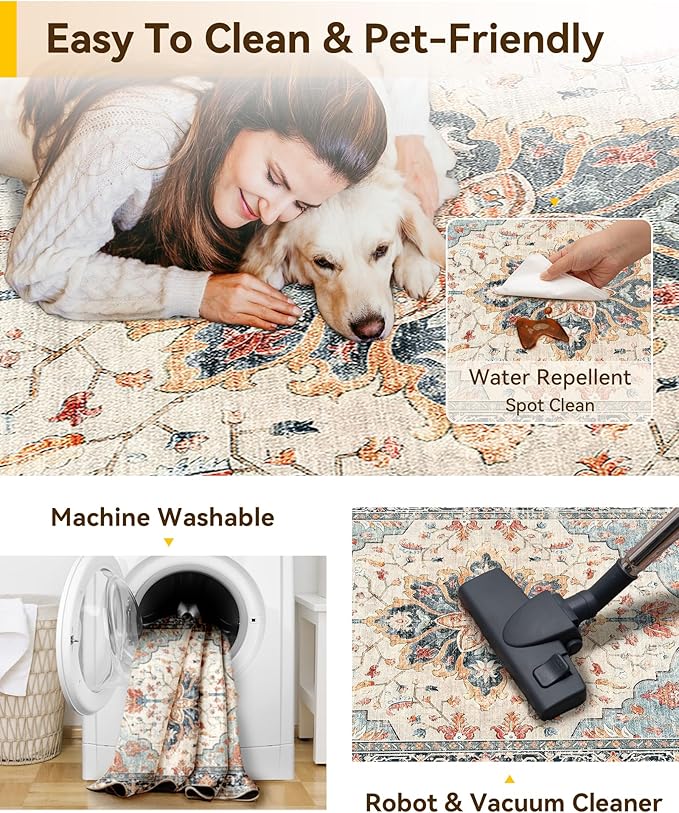 RELEANY Washable Area Rug, 7'x10', Beige/Blue/Orange | Non-Slip, Water Repellent, Pet Friendly, Easy to Clean, Vintage Floral Boho Decor for Living Room Bedroom Dining Room Office