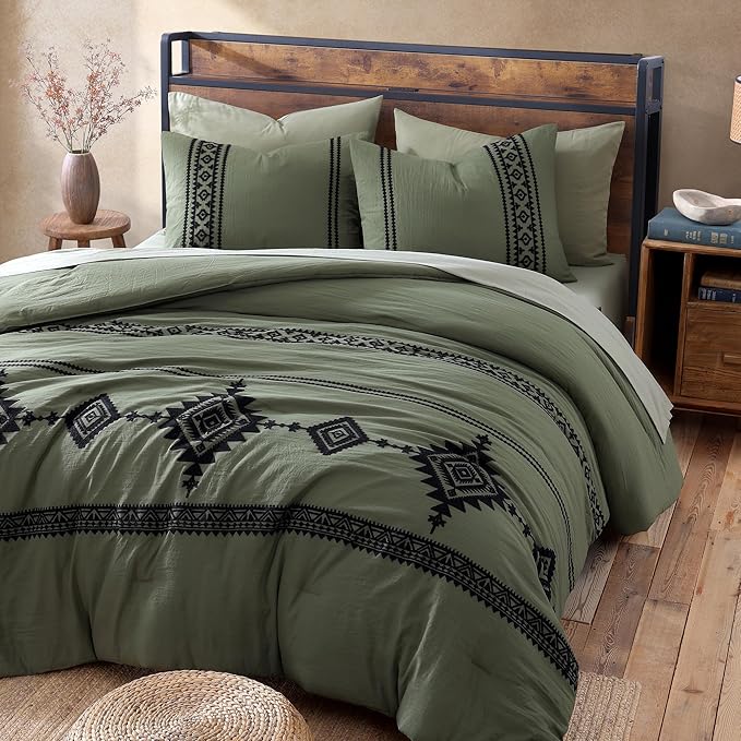 MaiRêve Embroidery Queen Comforter Set 7 Pieces Olive Green Bed in a Bag | Western Boho Farmhouse Bedding Sets with Comforter, Sheets, Pillowcases & Shams