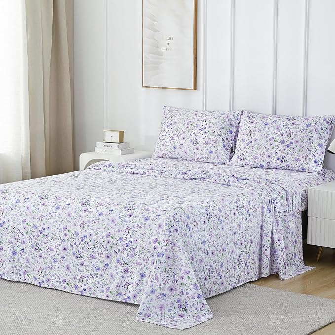 Viviland Floral King Sheet Set - 4 Piece Vintage Lavender Flower and Leaves Patterned Bed Sheets - Soft, Breathable Microfiber Sheets with Deep Pocket, Non-Slip Fitted Sheets & Pillowcases