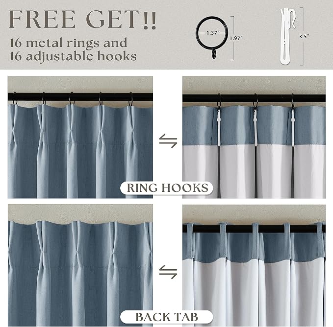 Light Blue Pleated Linen Blackout Curtains 90 Inches Long 2 Panels W40xL90 | Pinch Pleat with Ring Hooks Back Tab, 100% Black Out Thermal Insulated Drapes with Liner, for Bedroom Living Room, Dusty Blue