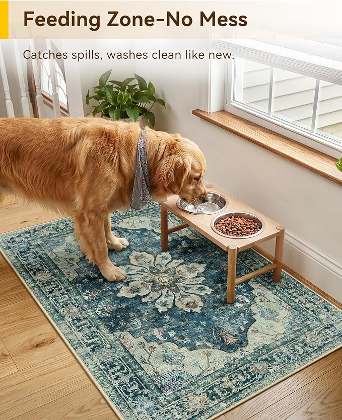 RELEANY Washable Area Rug, Small 2'x3', Teal | Non-Slip, Water Repellent, Pet Friendly, Easy to Clean, Vintage Floral Boho Decor for Kitchen Entryway Bathroom