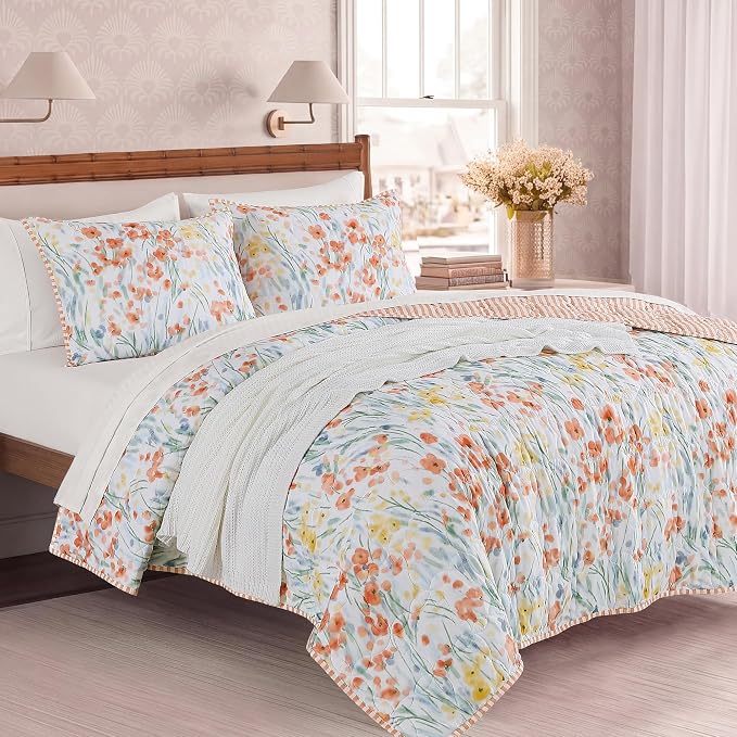 Twin/Twin XL Quilt Set-2 Pieces Soft Bedding Floral Reversible Coverlet | All Seasons Lightweight Quilts Queen Size for Bed, Breathable Vintage Bedspread with Sham, Orange Floral