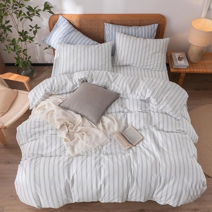 BESTOUCH Striped Cotton Duvet Cover Set Linen Feel Oversized King | 100% Washed Cotton, Soft Wrinkle Texture, Hidden Zipper, 8 Ties, Breathable Lightweight Durable Comfy, 3 Pcs No Insert