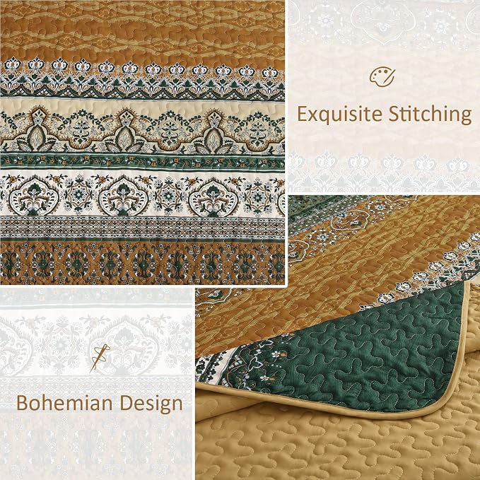 WONGS BEDDING Boho Quilt Queen Size,3 Pcs Bedspread Set, Brown Green | Colorful Bohemian Striped Printed Bedding for All Season, Lightweight Microfiber Coverlet Set with 2 Pillowcases(96"x90")