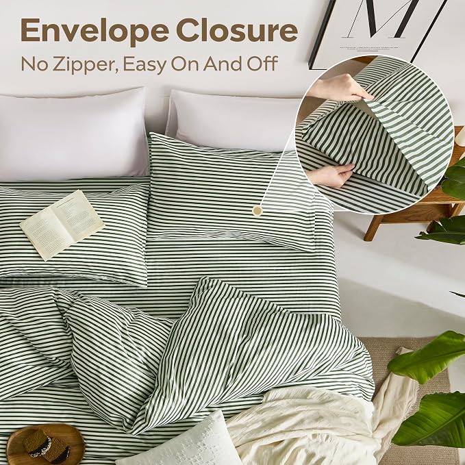 JELLYMONI 100% Cotton Classic Striped King Duvet Cover Set, Green/White | Breathable Softness, Oeko-Tex Certified, Classic Stripes, 8 Corner Ties & Double Hidden Zipper