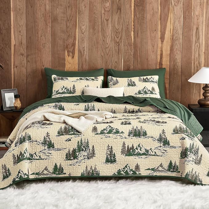 Wake In Cloud - Rustic Quilt Set, Cabin Forest Woodland Camping Theme with Lodge Mountain Print, Reversible Lightweight Bedspread Coverlet, 3 Pieces, Green Brown, Twin/Twin XL Size