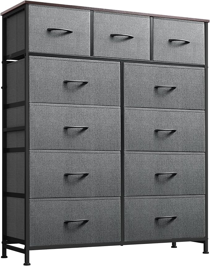 WLIVE Tall Dresser for Bedroom, 11 Drawer Chest of Drawers, Dark Grey | 11 fabric storage drawers, Tall high-capacity design, Bedroom or dorm use, Sturdy steel frame, Smooth wood tabletop