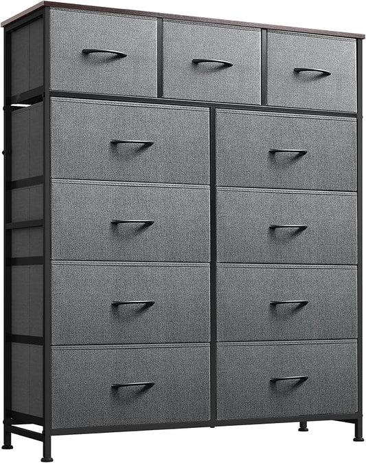 WLIVE Tall Dresser for Bedroom, 11 Drawer Chest of Drawers, Dark Grey | 11 fabric storage drawers, Tall high-capacity design, Bedroom or dorm use, Sturdy steel frame, Smooth wood tabletop