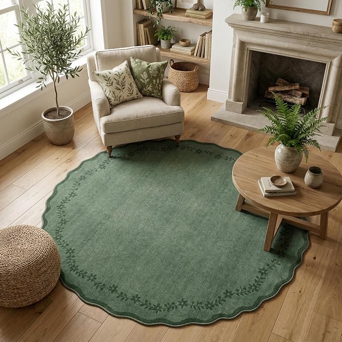 GarveeHome Large Round Rug 8ft Scalloped Washable Circle Living Room Rug | Soft Solid Green Non Slip Floral Print Floor Mat Carpet Indoor Thin Area Rug for Bedroom Dining Room Playroom Nursery