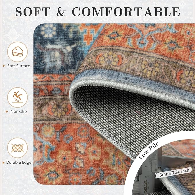 6x9 Area Rugs - Washable Vintage Retro Living Room Rug, Soft Ultra Thin Non Slip Low Pile Traditional Distressed Boho Carpet for Bedroom Dining Room Nursery Home Office, Navy Rust