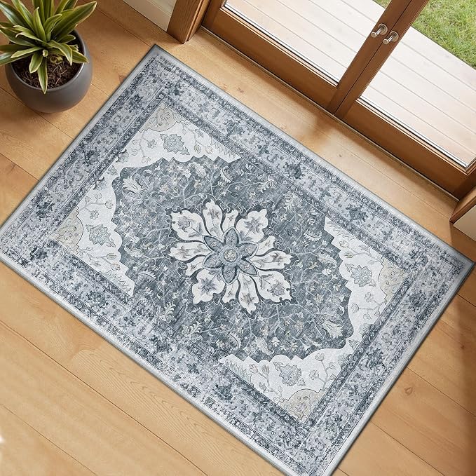 RELEANY Washable Area Rug, Small 2'x3', Grey/White/Beige | Non-Slip, Water Repellent, Pet Friendly, Easy to Clean, Vintage Floral Boho Decor for Kitchen Entryway Bathroom