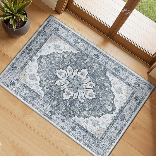 RELEANY Washable Area Rug, Small 2'x3', Grey/White/Beige | Non-Slip, Water Repellent, Pet Friendly, Easy to Clean, Vintage Floral Boho Decor for Kitchen Entryway Bathroom