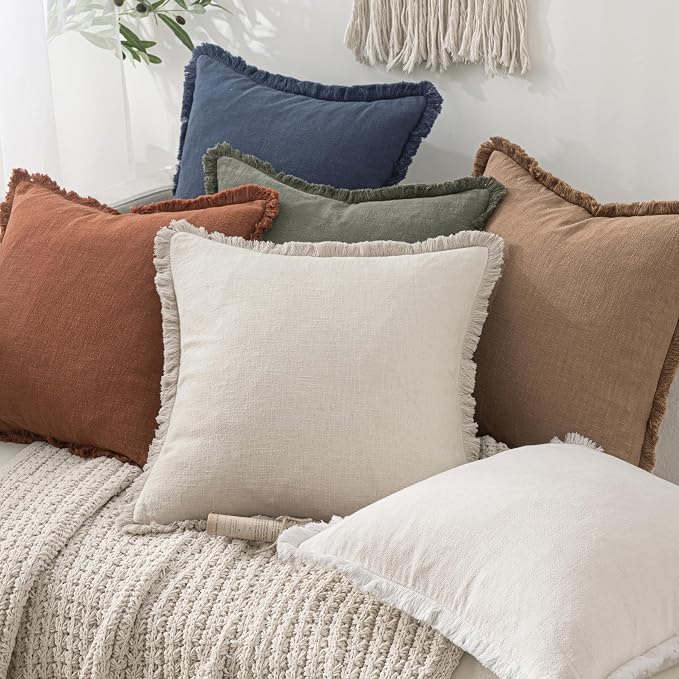 MIULEE Linen Fringe Decorative Throw Pillow Covers Light Olive Green 18x18 | Set of 2, Cottagecore Decor, Boho Farmhouse Neutral Pillow Covers, Rustic Couch Cushion Cases for Sofa Bed Living Room