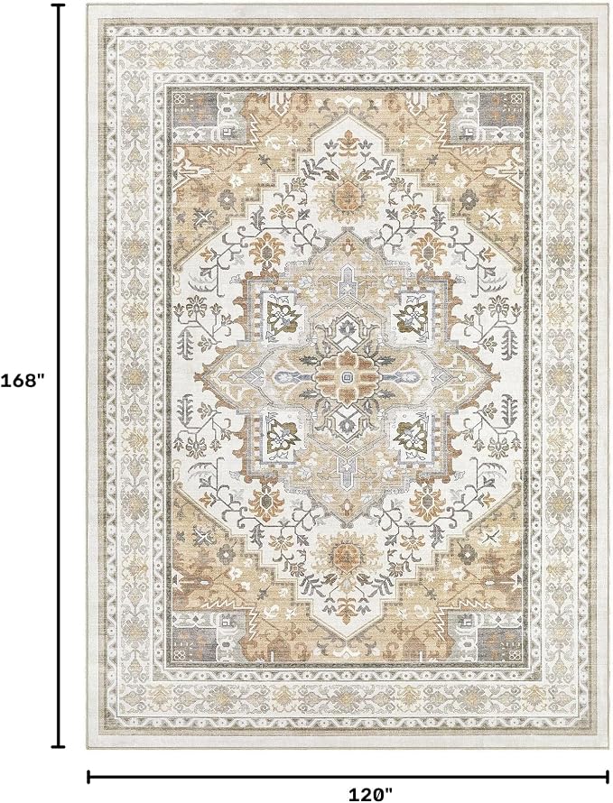 UERMEI 10x14 Area Rug for Living Room - Washable Vintage Carpet, Non-Slip Soft Large Indoor Floor Rugs for Bedroom Home Office & Under Dining Table Decor, Brown Beige