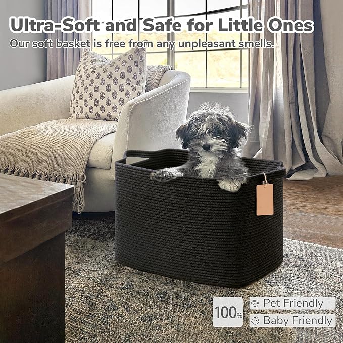 Goodpick 50L Large Woven Rope Storage Basket with Handles, Black | 18" × 14" × 12" Stylish Gift Basket for Living Room & Nursery Organization, Fits Blankets, Toys & Home Essentials Storage
