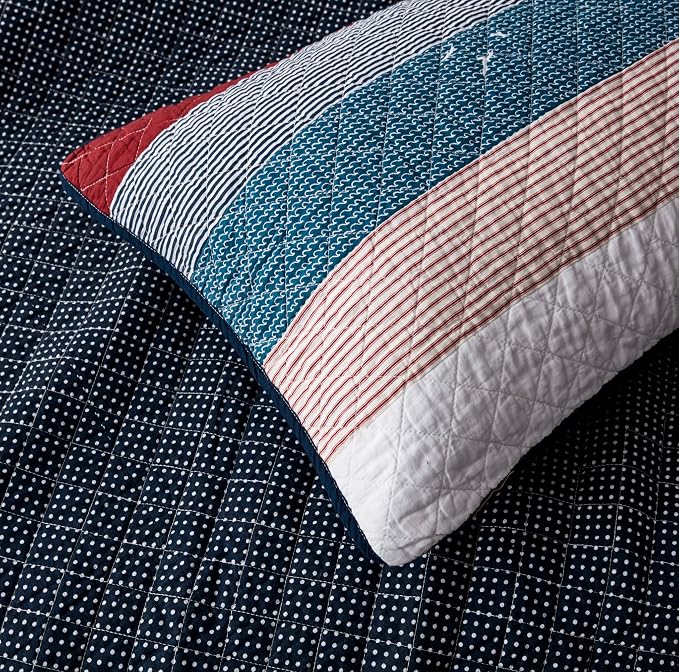 Chezmoi Collection Harlon 3-Piece Modern Patchwork Striped Quilt Set - Solid Polka Dot Candy Stripe Coverlet - Pre-Washed Cotton Lightweight Reversible Bedspread, King Size