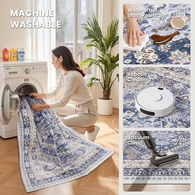 10x14 Area Rugs for Living Room,Large Washable Rug,Blue | Rugs for Bedroom,Dining Room,Office,Low Pile,Soft, Vintage Rug,Stain Resistant Indoor Carpet,Non Slip,Home Decor