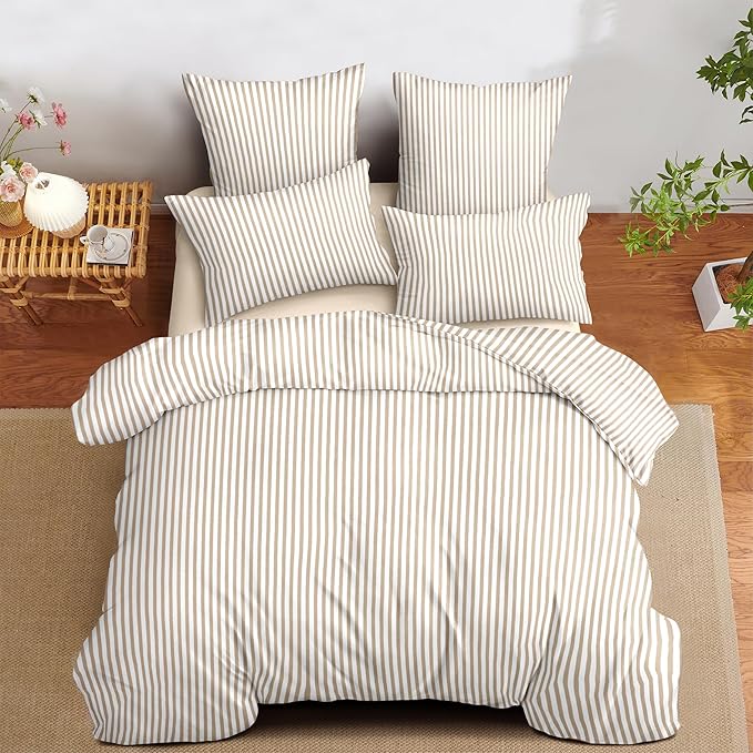 Nayoroom Brown Tan Striped Duvet Cover Set Queen | Modern Farmhouse Coastal Bedding, Soft Breathable Washed Microfiber, All-Season Comfort, Hidden Zipper, 4 Corner Ties