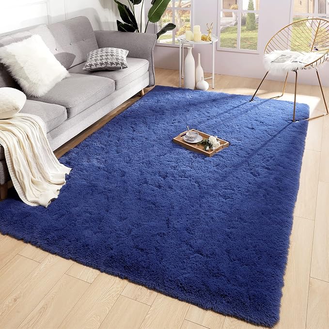 Soft Modern Indoor Large Shaggy Rug for Bedroom Livingroom Dorm Kids Room Home Decorative, Non-Slip Plush Fluffy Furry Fur Area Rugs Comfy Nursery Accent Floor Carpet 5x8 Feet, Light Navy
