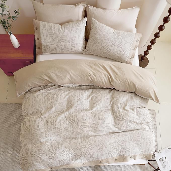 Oli Anderson 100% Egyptian Cotton Duvet Cover King Size, Khaki, 3 Pieces | Yarn Dyed Jacquard Textured Bedding Set, Striped Boho Design, Pre-Washed, Button Closure, Soft Breathable, All Season Comfort