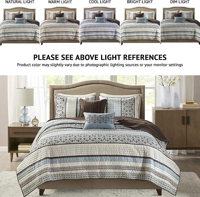 Madison Park Quilt Set Luxurious Jacquard Stripes Design - All Season, Coverlet Bedspread Lightweight Bedding Layer, Shams, Decorative Pillow, Full/Queen(90"x90"), Floral Blue 5 Piece | All Season, Luxurious Coverlet Bedspread Lightweight Bedding Layer...