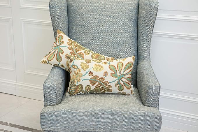 Mika Home Set of 2 Jacquard Tropical Leaf Pattern Oblong Throw Pillow Covers Accent Pillowcase 12X20 Inches,Teal Cream