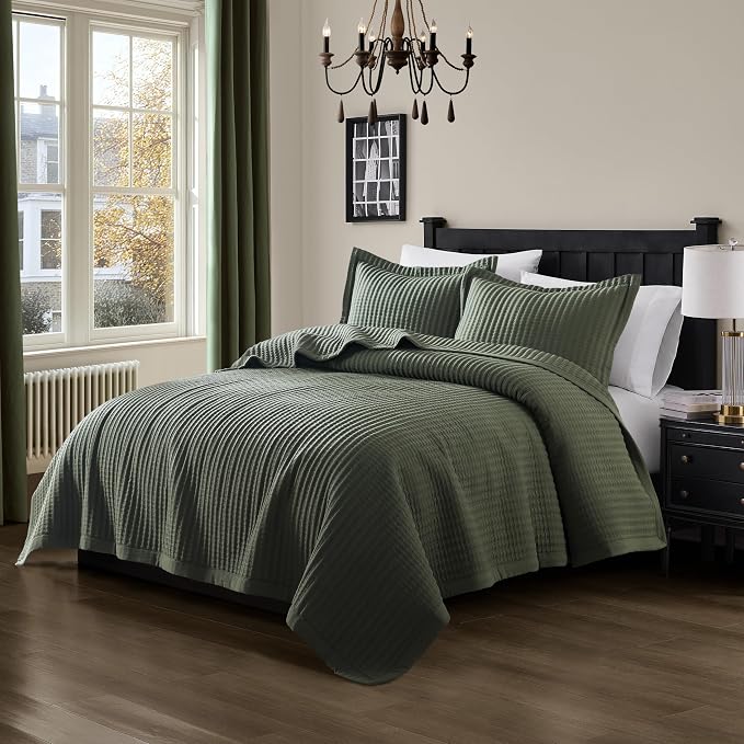 WDCOZY Olive Green Queen Size Quilt Set, Striped Pick Stitch Bedspread | Lightweight Soft Channel Coverlet, Spring Summer Thin Comforter, Farmhouse Rustic Country Bedding