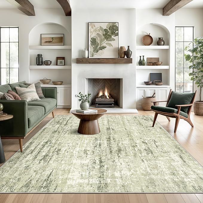 8x10 Area Rugs for Living Room, Abstract Large Washable Rug Green | Soft & Lighweight, Folable, Stain Resistant Low Pile Thin Indoor Distressed Carpet Rugs for Bedroom,Laundry Room,Kitchen