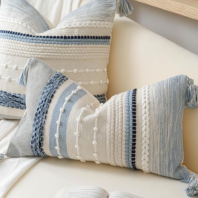 Decorative Lumbar Throw Pillow Cover 12x20 Coastal Blue Accent Cushion for Couch Sofa Farmhouse Pillowcase for Bedroom Living Room Home Décor Cover ONLY