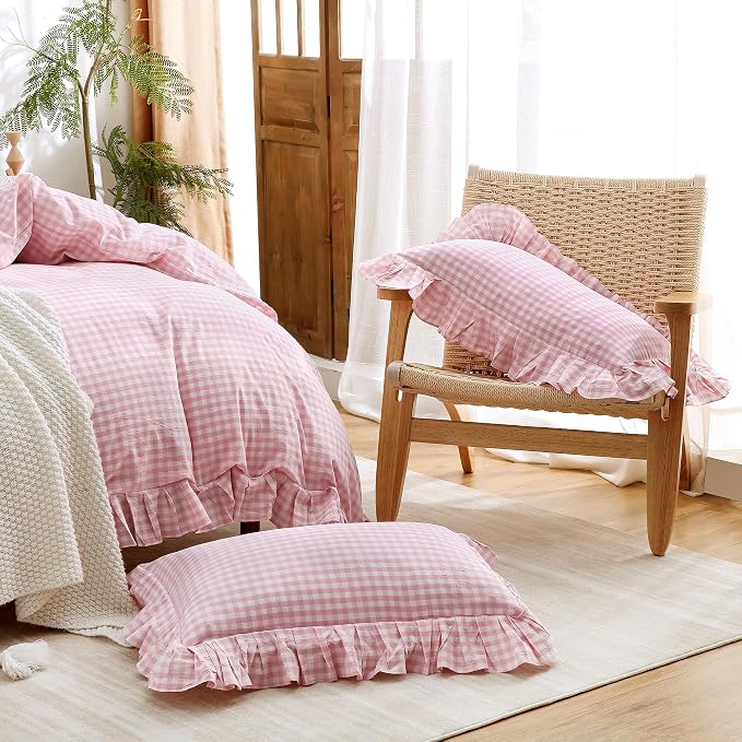 ATsense Pink Gingham Ruffle Duvet Cover Set Cotton Like Linen, Queen | 100% Washed Cotton Linen-Like Feel Soft, Breathable & Comfy. Cute Bedding Set with Zipper & 8 Ties. 3 Pcs, No Insert