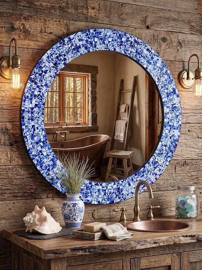24" Round Mosaic Wall Mirror Sapphire Blue & Silver Glass Tile Frame Handmade Decorative Accent Mirror for Living Room Bathroom Bedroom Entryway Boho Modern Wall Decor