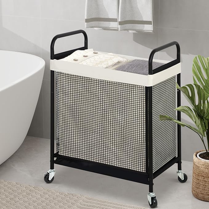 STO STO Laundry Hamper 2 Section, 100L Rolling Laundry Sorter Cart with Removable and Washable Liner Bag, Clothes Hamper with Wheels and Metal Handle for Laundry Room and Bedroom
