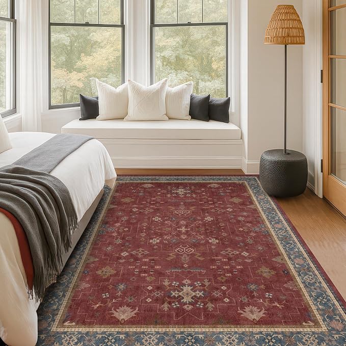 5x7 Boho Dark Red Rug for Living Room - Vintage Oriental Revival Low-Pile Carpet for Bedroom, Dining Table, Home Office, Machine Washable Area Rug Non-Slip with Rubber Back