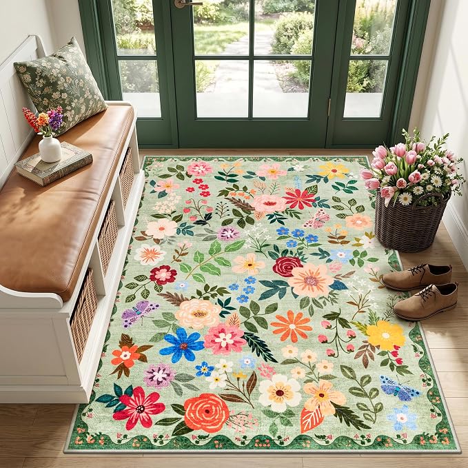 PLHXFR Area Rug Living Room: 3x5 Floral Washable Boho Soft Carpet Green | For Bedroom Dining Room Farmhouse Nursery Hallway,Vintage Floral,Machine washable,Non Slip,Stain Resistant,Large Indoor