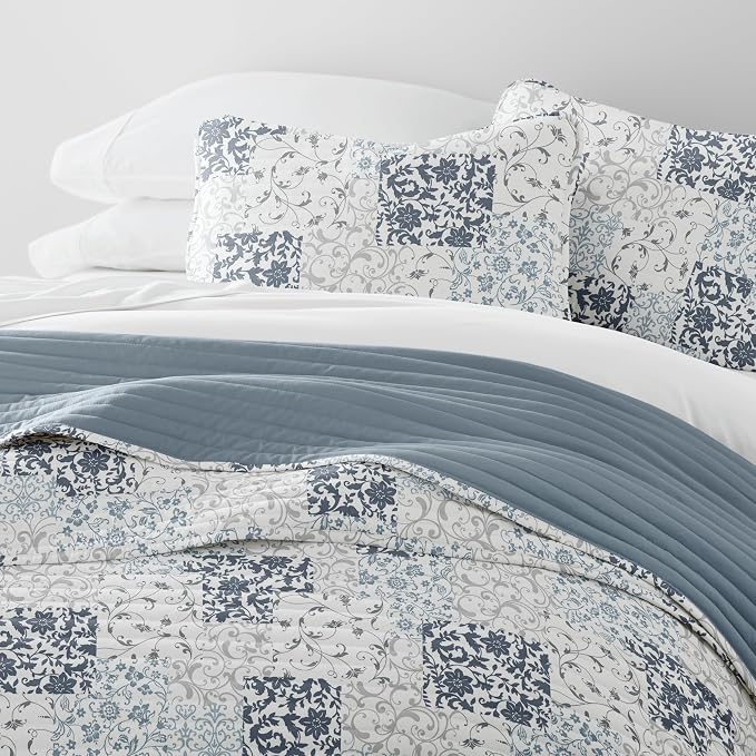 Merit Linens Soft Quilt Coverlet Bedding Set - Pattern/Solid Reversible - Twin/TwinXL Dusk Blue