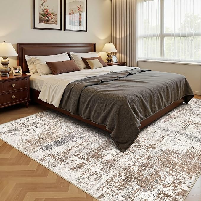 UERMEI 10x12 Washable Area Rug - Neutral Modern Abstract Living Room Rugs, Non-Slip Soft Large Indoor Floor Carpet for Bedroom Home Office & Under Dining Table Decor, Brown/Grey/Red