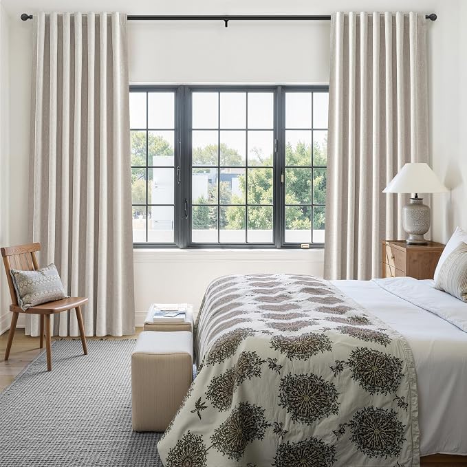 QJmydeco Black Out 98 Inch Long Boho Curtains 2 Panel Set, Farmhouse Curtains for Living Room Darkening/Thermal/Noise Reduction Textured Flax Linen Drape Hook&Ring Included Birch Off White 50"x98"