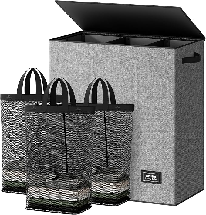 SOLEDI 160L Laundry Hamper 3 Section, Extra Large Laundry Hamper with Lid, Dirty Clothes Hamper with Sturdy Handle, Large Laundry Basket Organizer for Laundry Room, Bedroom, Hampers for Laundry