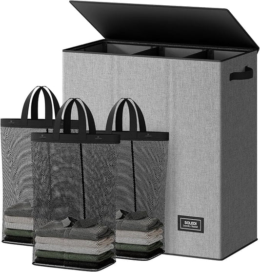 SOLEDI 160L Laundry Hamper 3 Section, Extra Large Laundry Hamper with Lid, Dirty Clothes Hamper with Sturdy Handle, Large Laundry Basket Organizer for Laundry Room, Bedroom, Hampers for Laundry