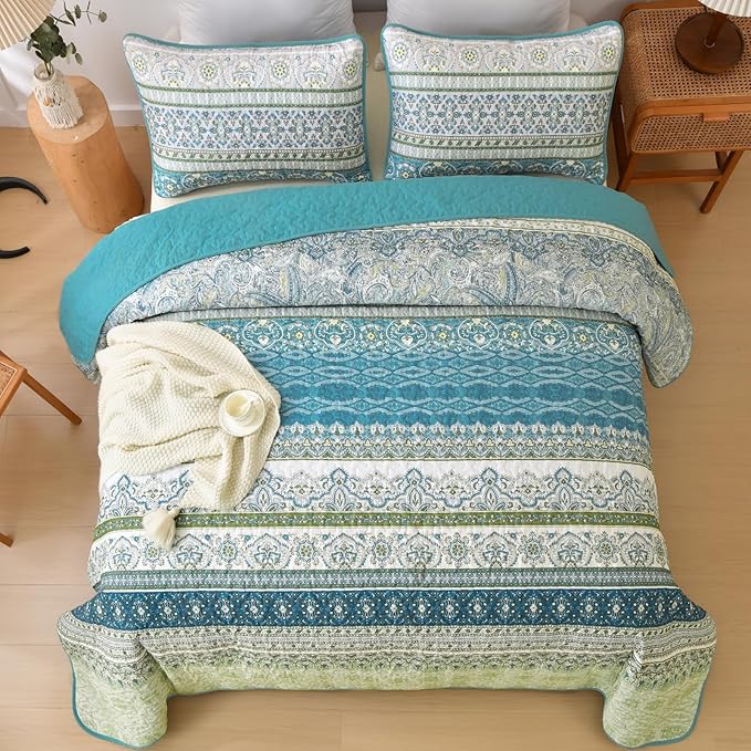 WONGS BEDDING Boho Quilt Queen Size,3 Pcs Aqua Bedspread Bedding Set | Colorful Bohemian Striped Printed Bedding for All Season, Lightweight Microfiber Coverlet Set with 2 Pillowcases(96"x90")