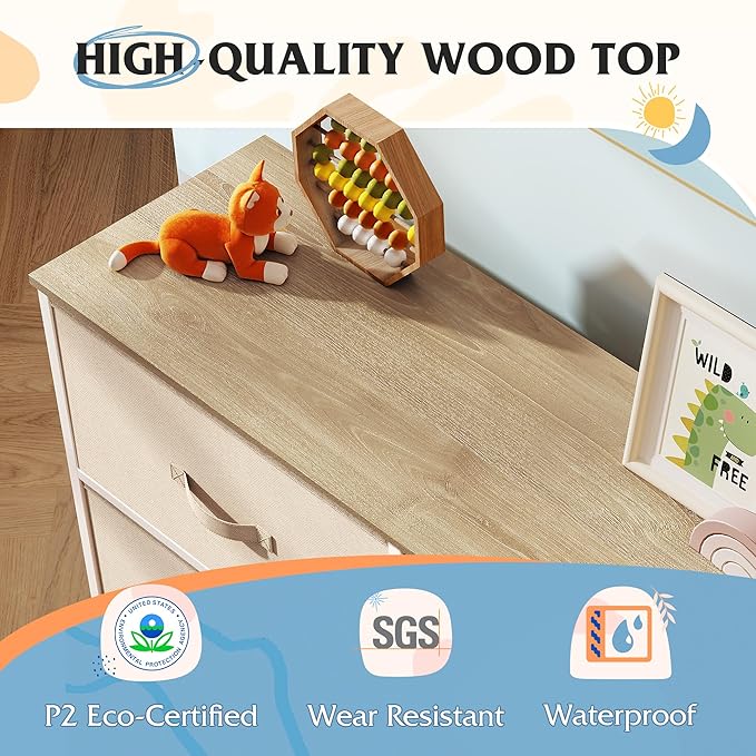 WLIVE Fabric Dresser for Bedroom, Tall Dresser with 8 Drawers, Storage Tower with Fabric Bins, Double Dresser, Chest of Drawers for Closet, Playroom, Dormitory, Cream White
