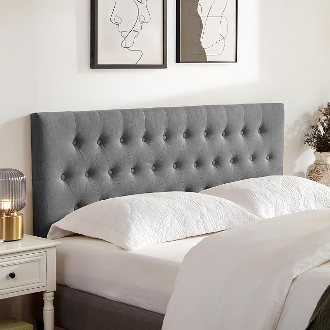 Tufted Upholstered Headboard King Size, Adjustable Height 37- 51 in, Gray | Sturdy and Durable Solid Wood Bed Headboard, Fabric King Headboard Only, Modern Button Diamond Design Head Board