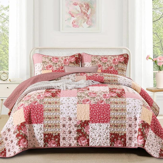 Anibedding Floral Patchwork Quilt Set King Size, Red Rose Plaid Bedspread | Country Floral Boho Coverlet Set, Soft Lightweight Farmhouse Quilt Bedding Set 3 Pieces for All Season, 110''x90''