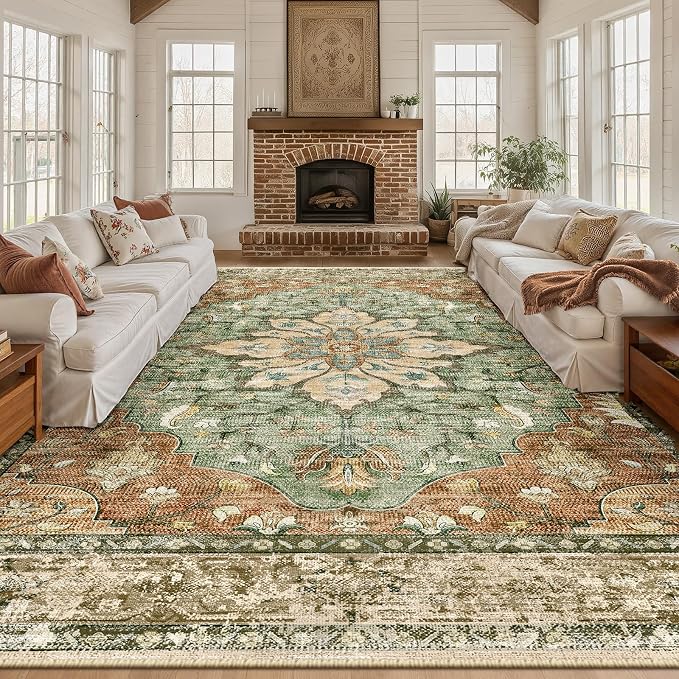 RELEANY Washable Area Rug, Large 9'x12', Brick/Brown/Green | Non-Slip, Water Repellent, Pet Friendly, Easy to Clean, Vintage Floral Boho Decor for Living Room Bedroom Dining Room