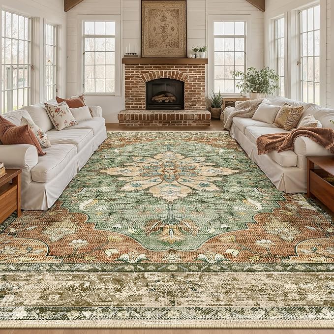 RELEANY Washable Area Rug, Large 10'x14', Brick/Brown/Green | Non-Slip, Water Repellent, Pet Friendly, Easy to Clean, Vintage Floral Boho Decor for Living Room Bedroom Dining Room