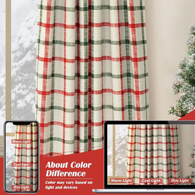DriftAway 100% Blackout PlaidCurtains 72 Inches Long 2 Panels Red Green | 100% Blackout, Linen Texture, Plaid Pattern, Two Layers, Rod Pocket & Back Tab, Bedroom Living Room Use, Luxury Appearance